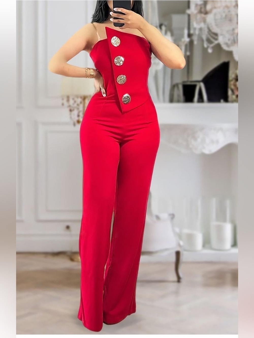 ChicMe Hot Fire Red Tube Top Wide-Leg Jumpsuit w/Gold Buttons Size Medium NWOT